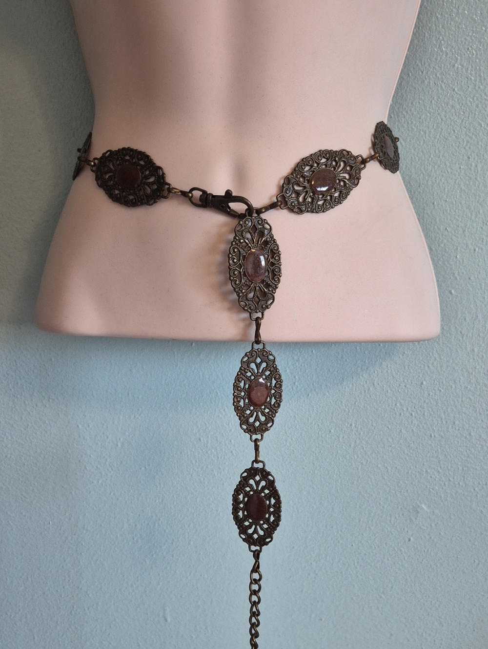 Chunky Medallion Chain Belt Burgandy Enamel Bronze Color Metal
